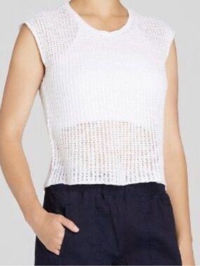 Eileen Fisher White Crochet Open-Stitch Sleeveless Crop Top